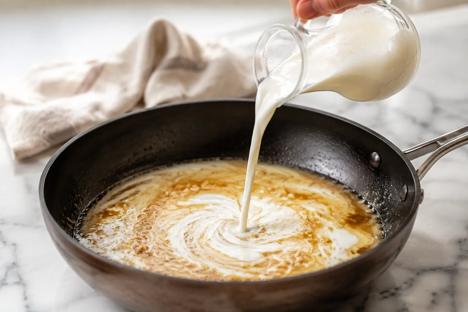 Pouring heavy cream into the skillet to make garlic cream sauce