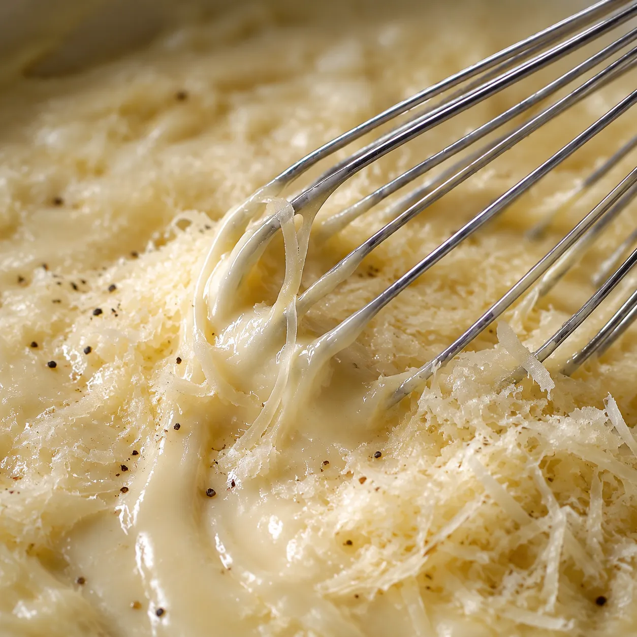 Whisking parmesan into creamy garlic sauce