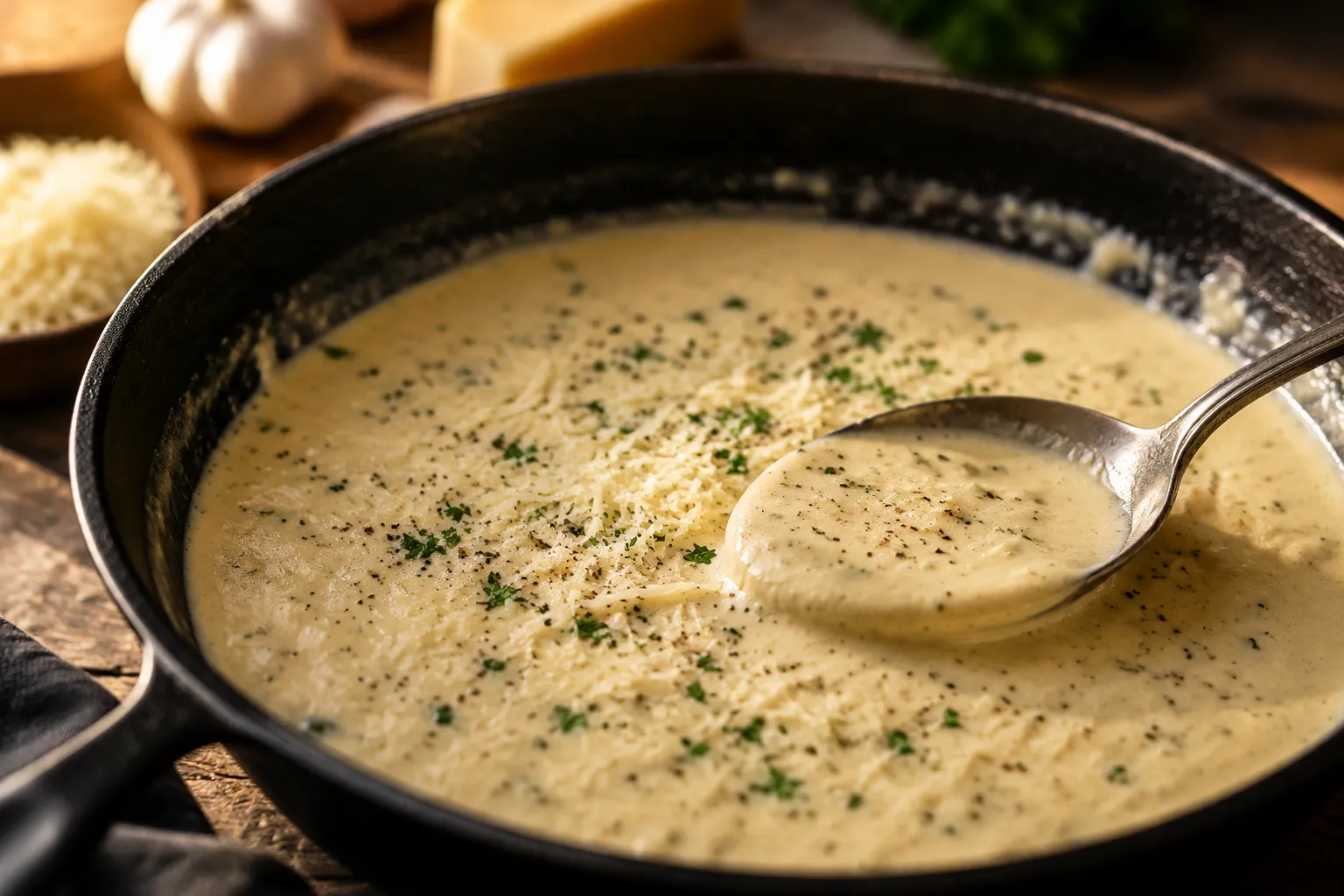 Finished creamy parmesan sauce in a skillet with parsley garnish
