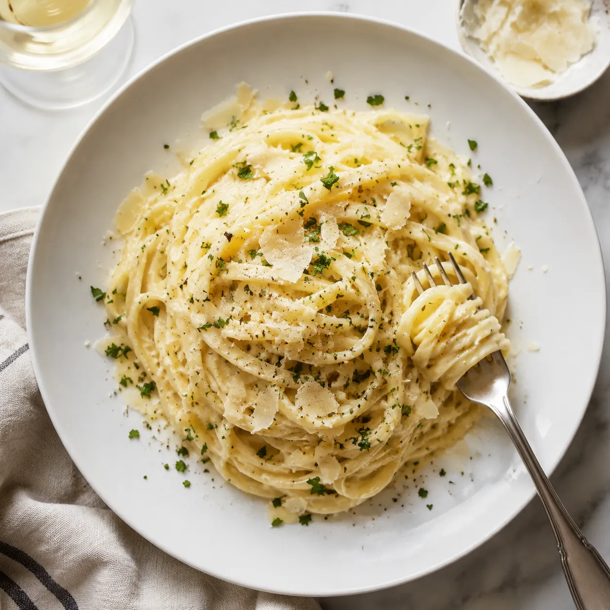 Garlic parmesan noodles tossed in creamy sauce on a white plate