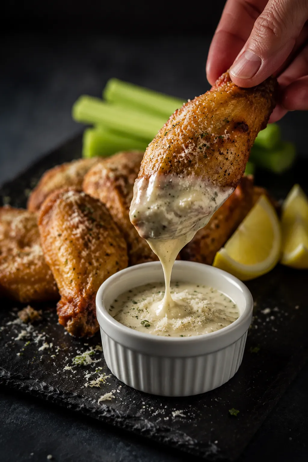 Chicken wing dipped into garlic parm sauce