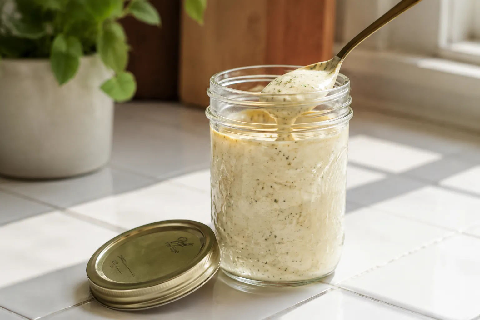 Leftover garlic parmesan sauce stored in a glass jar