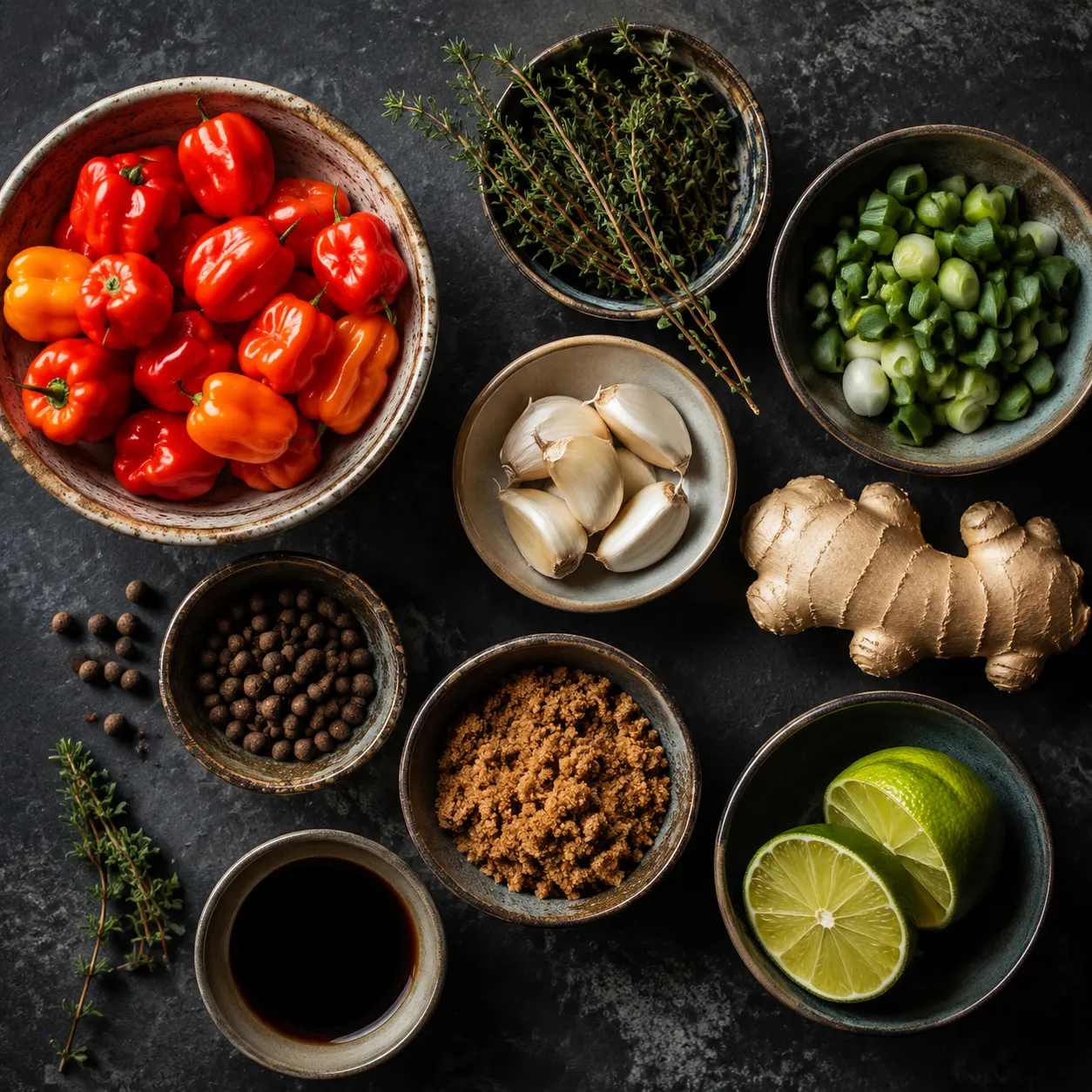 Jerk chicken recipe ingredients flatlay with scotch bonnets, allspice, and thyme