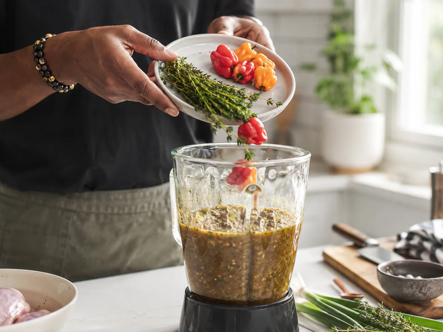 Blending homemade jerk marinade for jerk chicken recipe