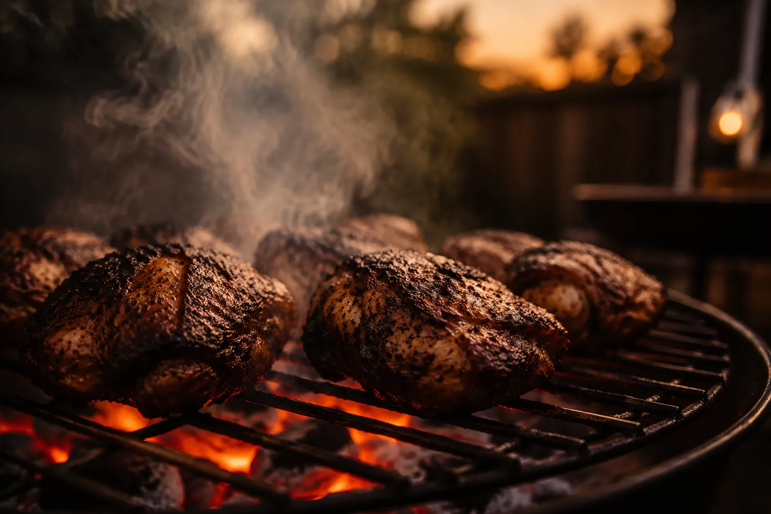 Grilling jerk chicken on charcoal grill with smoke