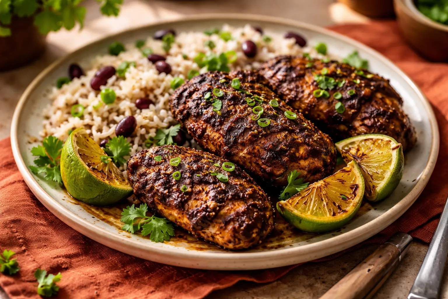 Plated Jamaican jerk chicken recipe served with rice and peas