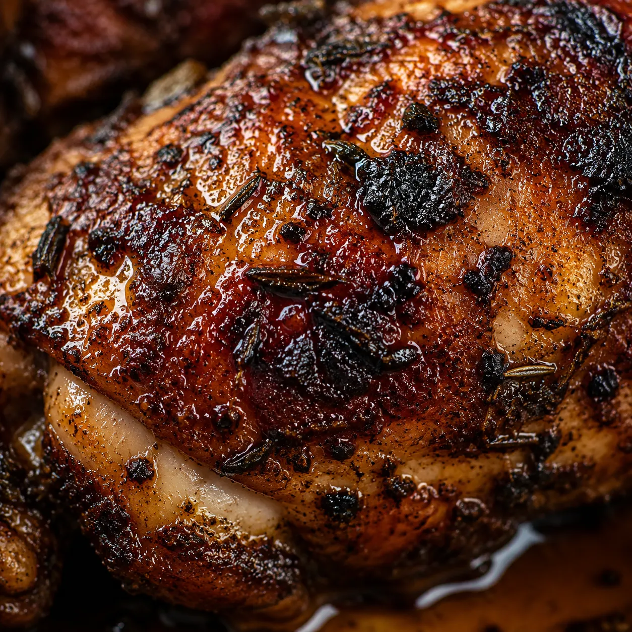 Close-up of crispy charred skin on jerk chicken thigh