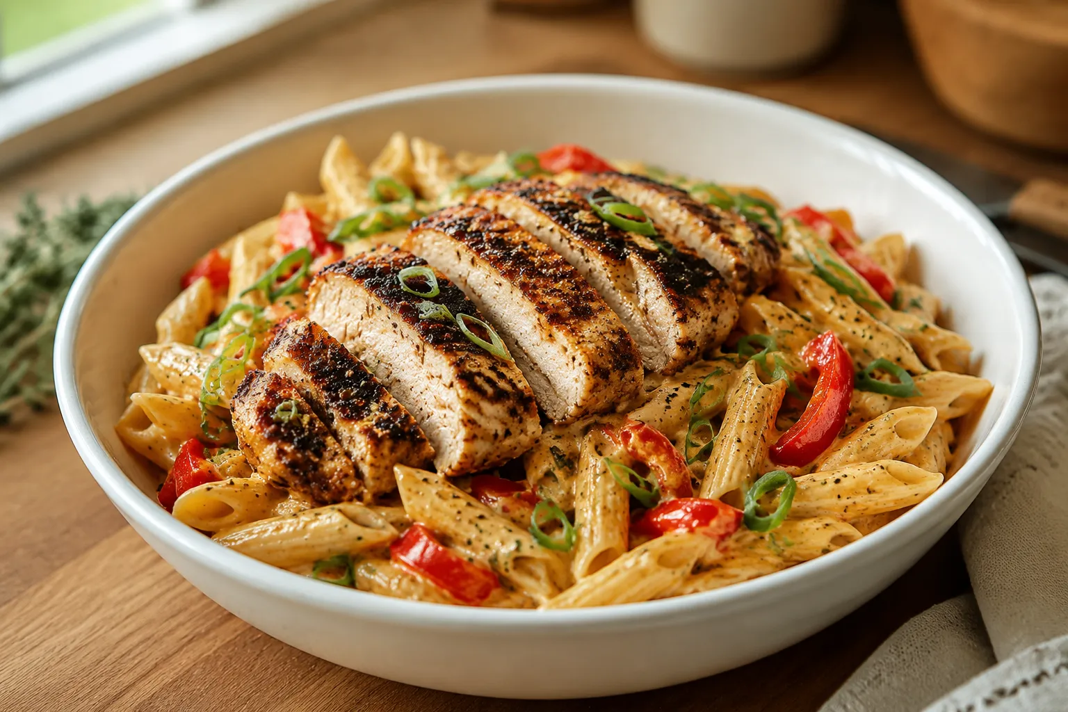 Leftover jerk chicken pasta in creamy sauce with scallions