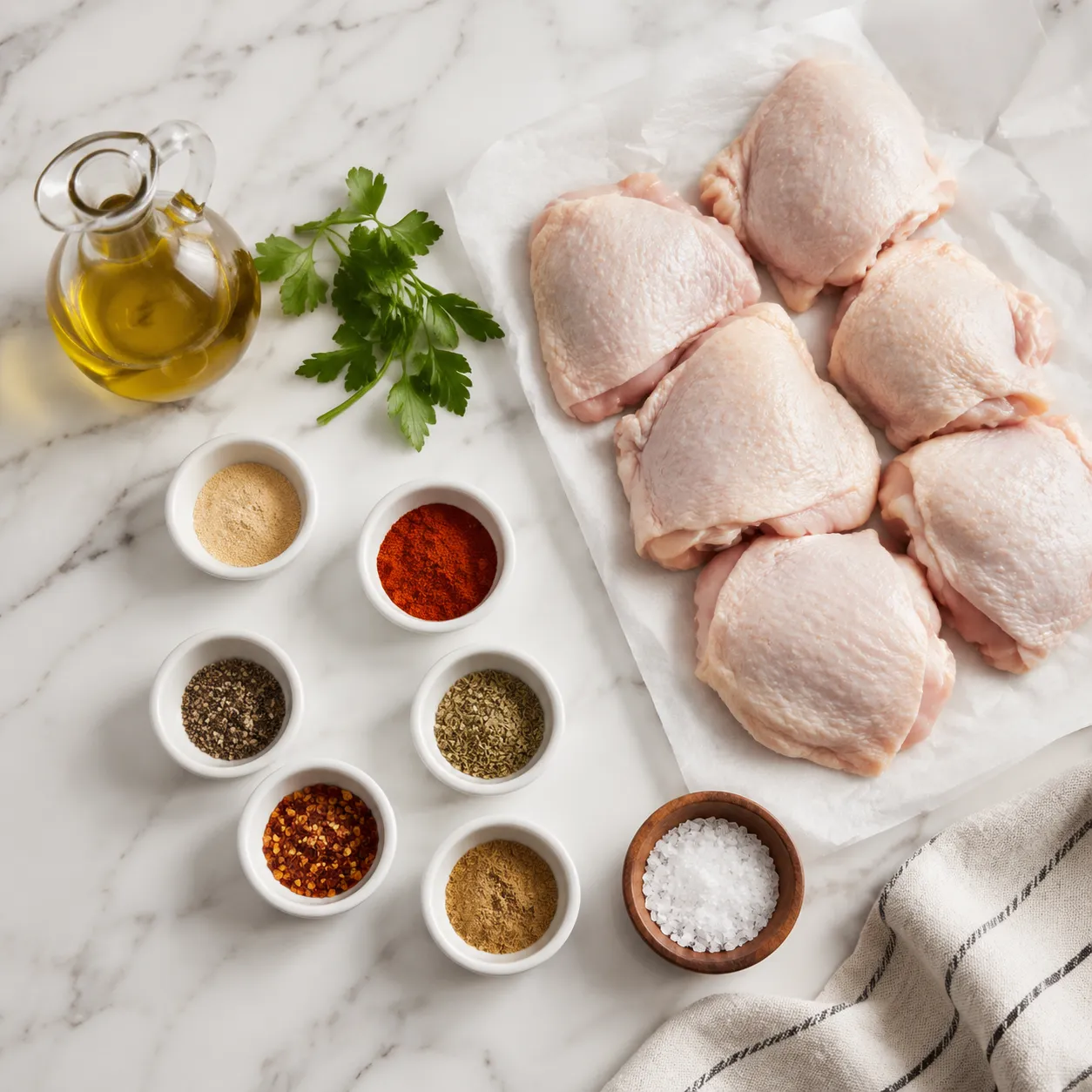 Ingredients for baked chicken thighs recipe arranged in flatlay overhead