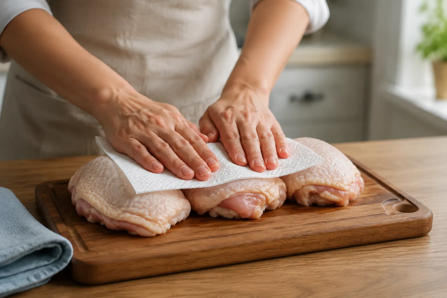 Patting chicken thighs dry for crispy skin before baking