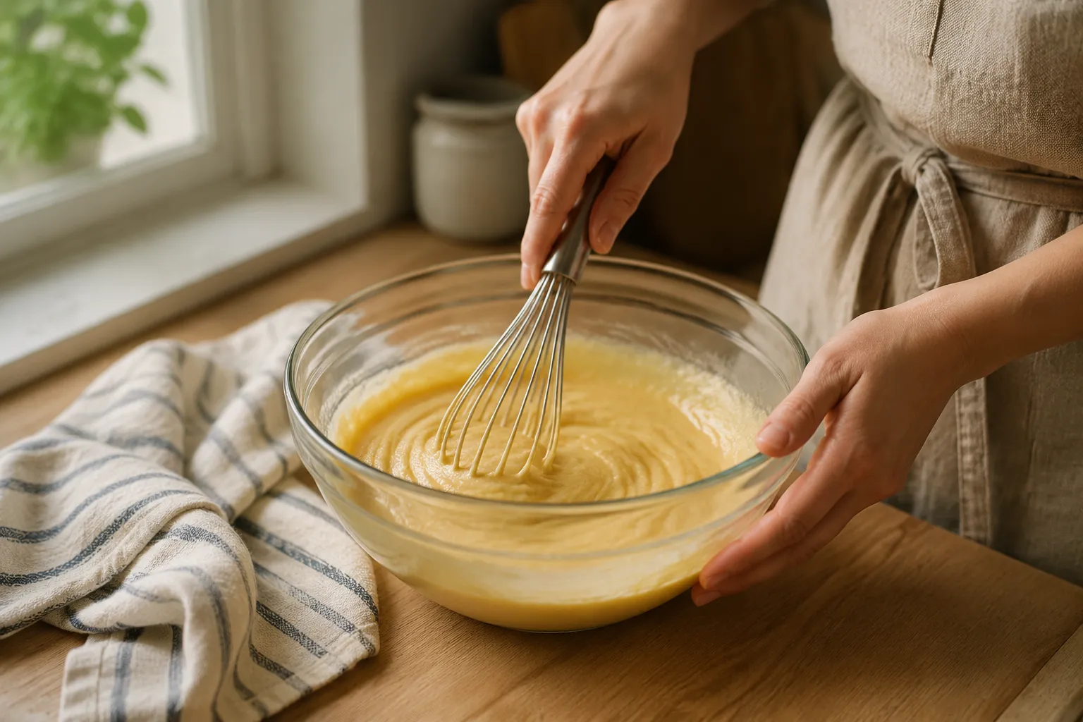 Whisking wet ingredients for cornbread casserole in a glass bowl