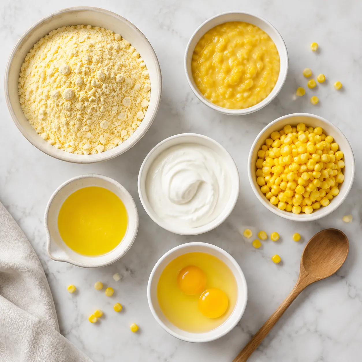 Cornbread casserole ingredients including cornbread mix, creamed corn, and sour cream