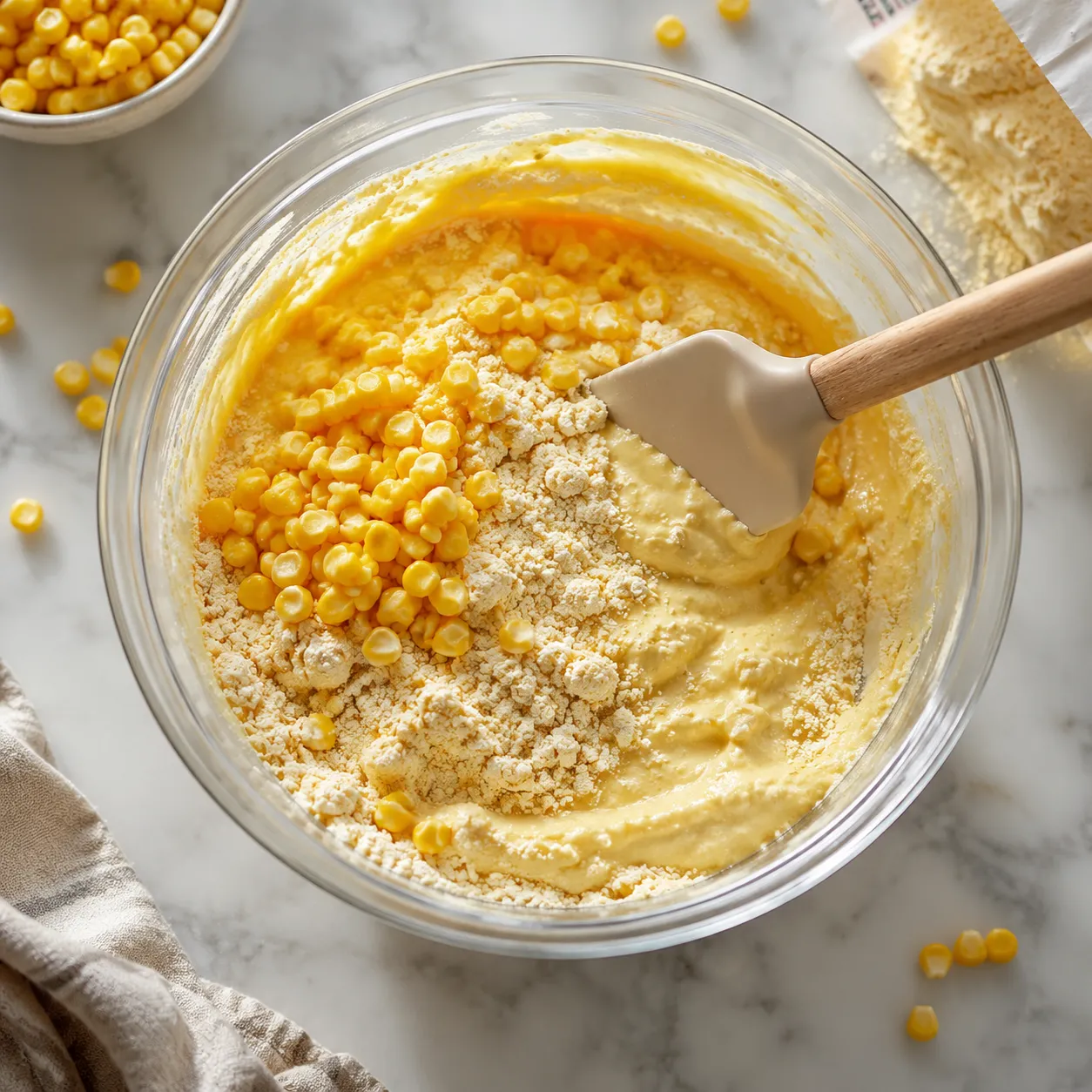 Folding cornbread mix and corn into batter for cornbread casserole