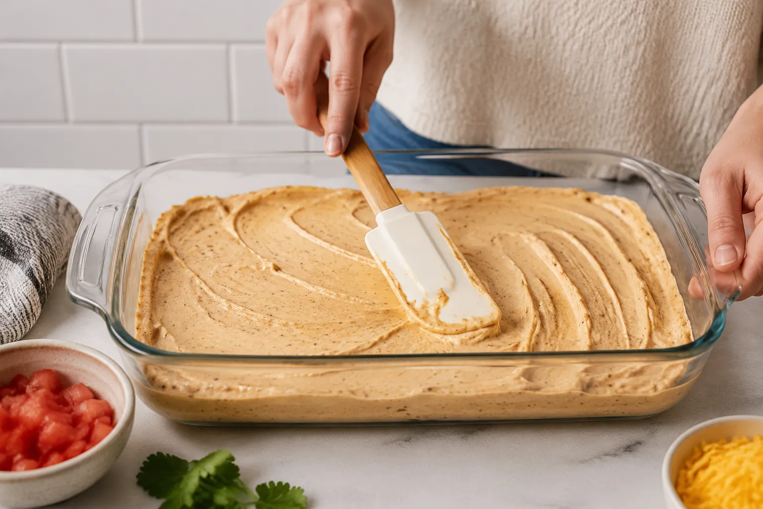 Spreading creamy base layer for layered taco dip