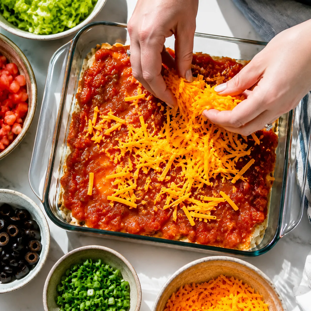 Adding cheddar cheese layer to taco dip