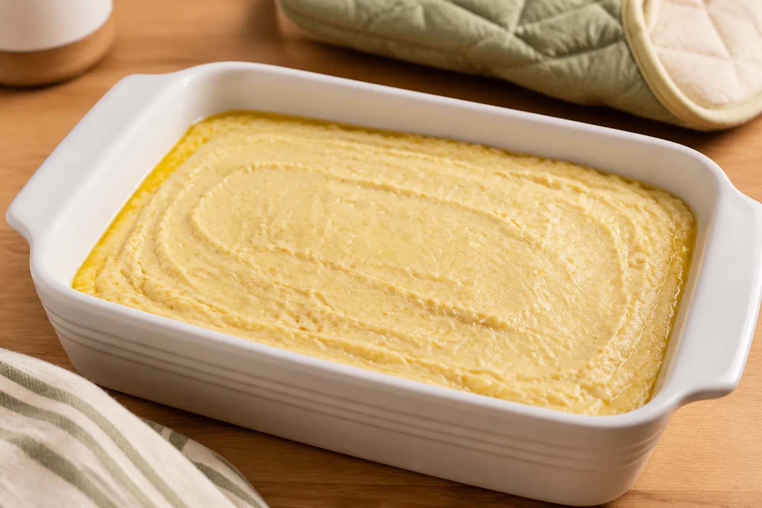 Cornbread casserole batter in a baking dish ready to bake