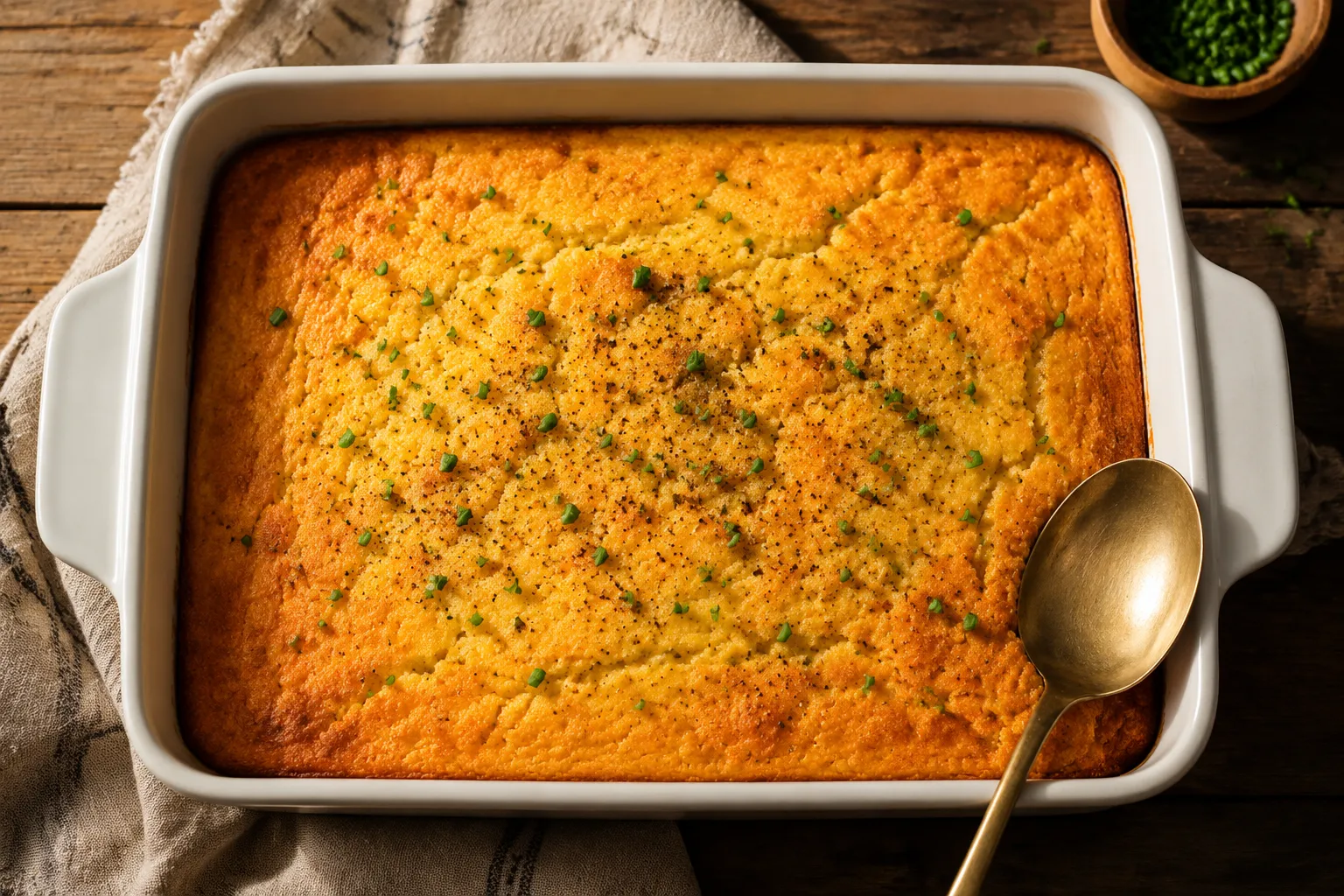 Baked cornbread casserole with golden crust in a white baking dish