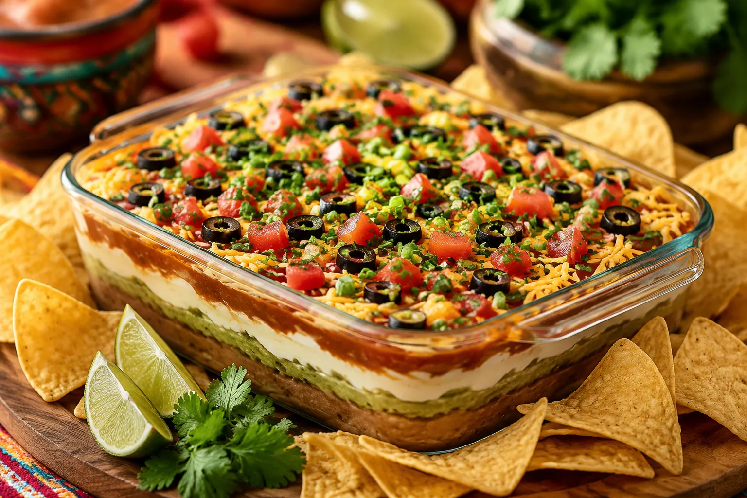 Finished layered taco dip with chips ready to serve