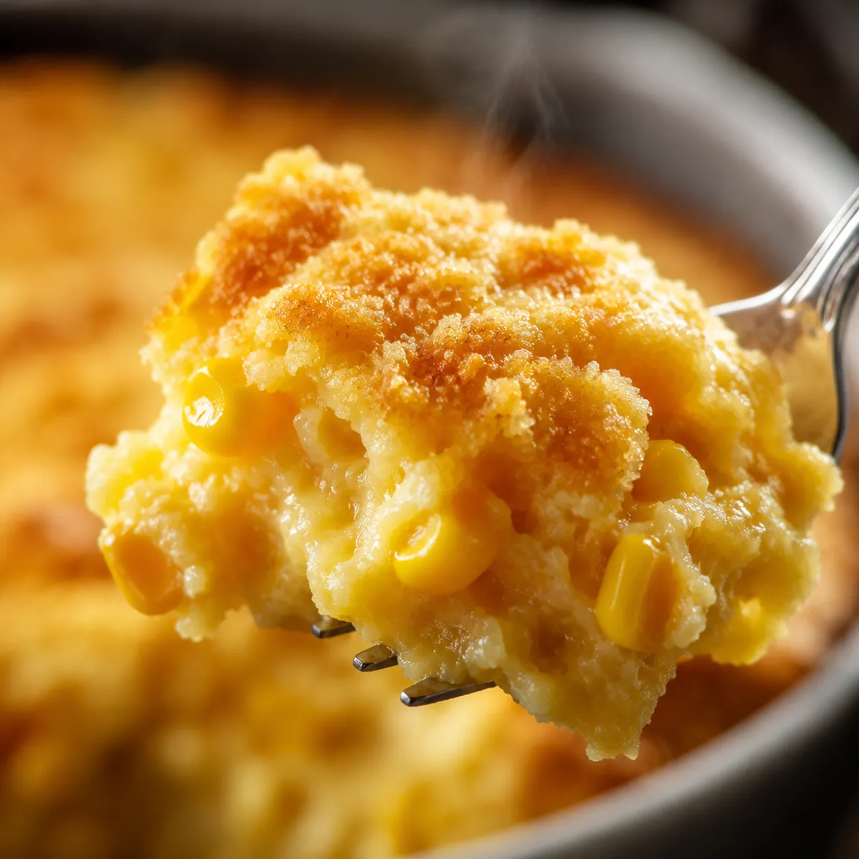 Close-up of creamy cornbread casserole texture on a fork