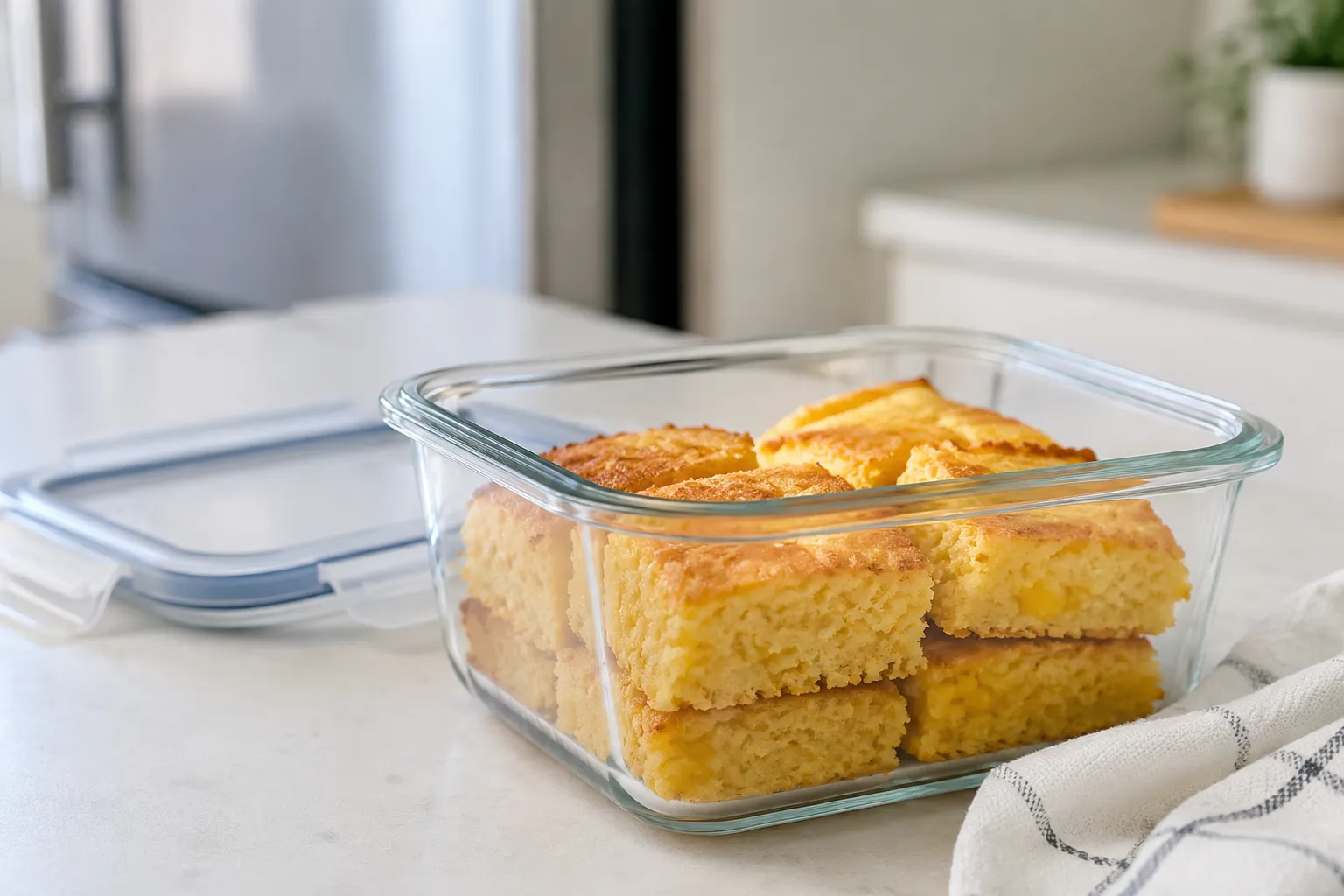 Leftover cornbread casserole stored in a glass container for the fridge