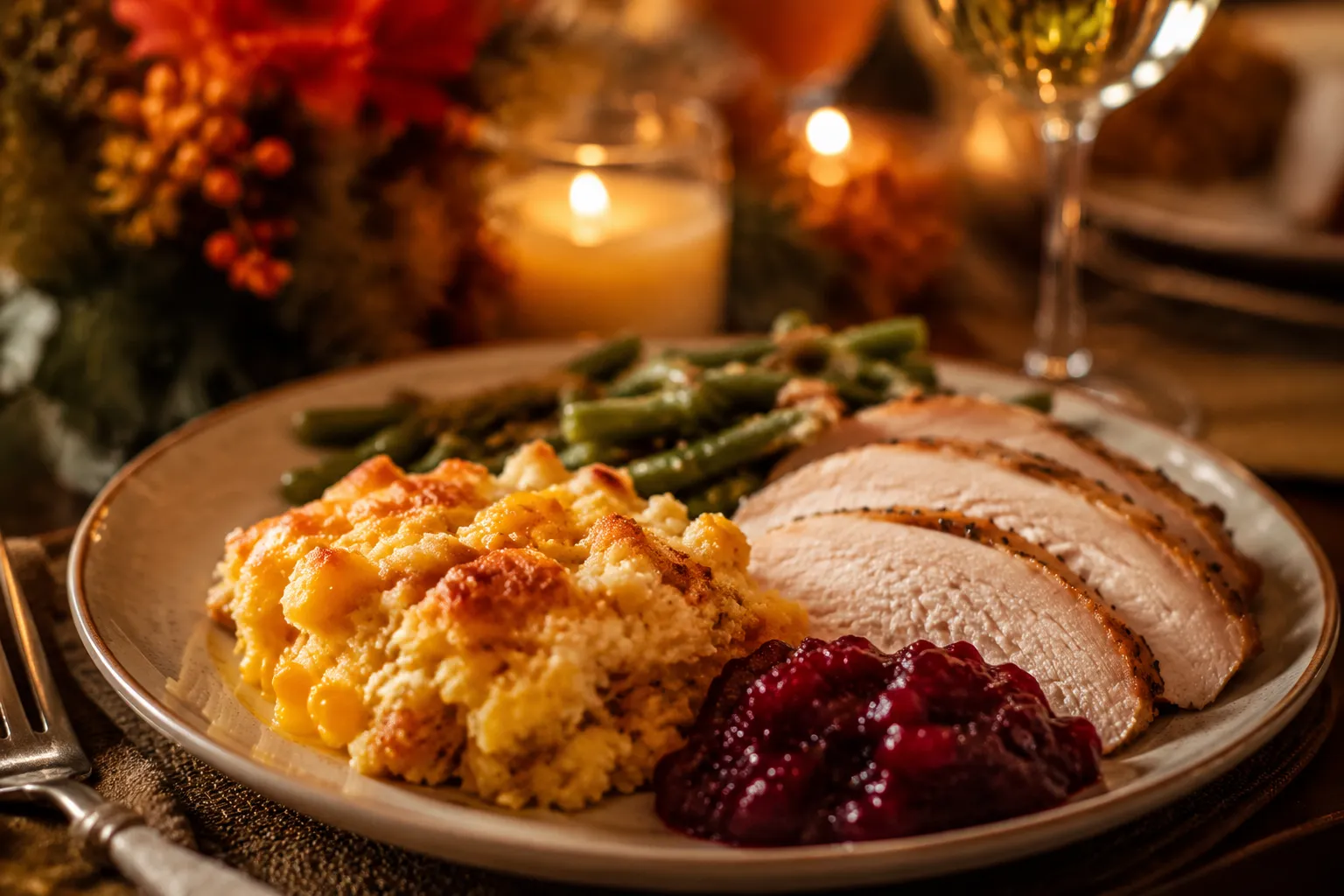 Cornbread casserole served as a holiday side dish with turkey