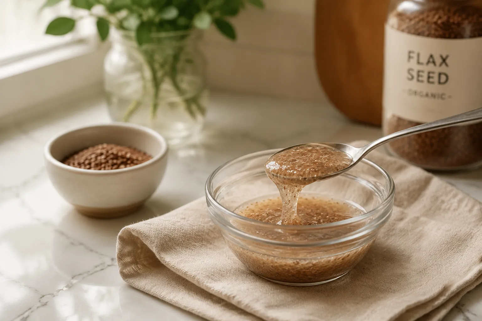 finished flax egg in a bowl showing thick gel texture
