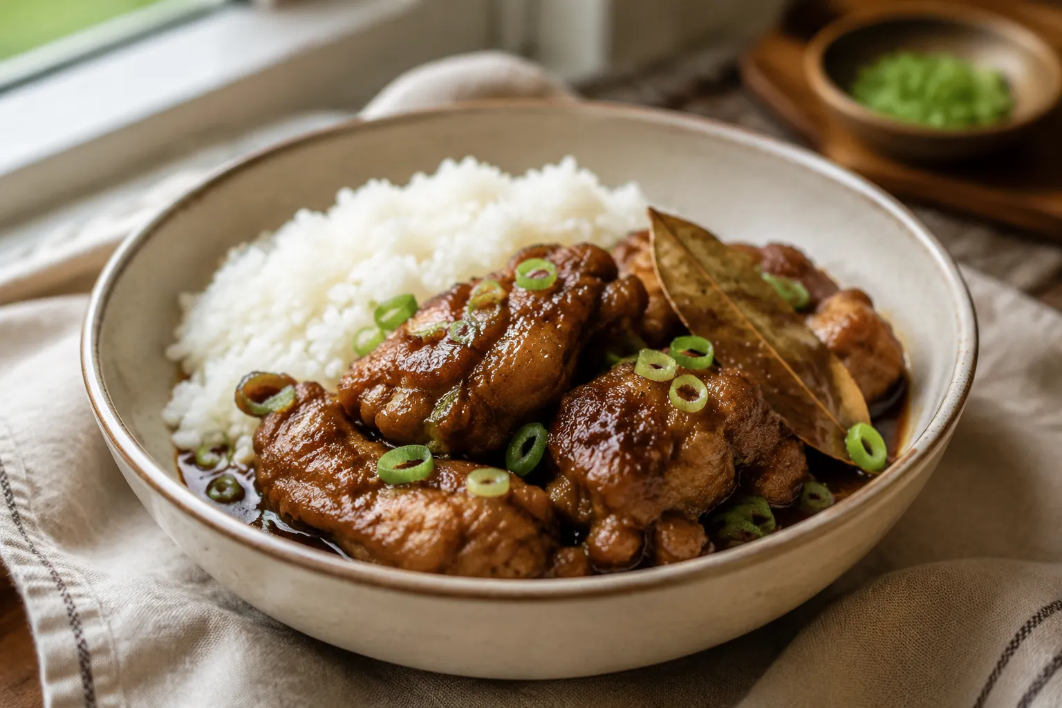 Bowl of chicken adobo with rice and savory soy vinegar sauce