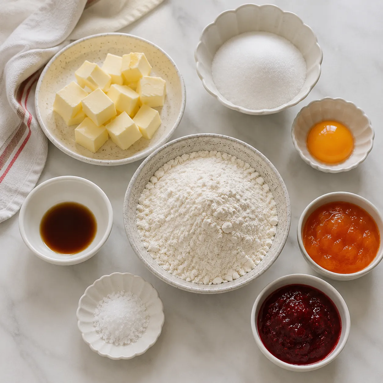 Ingredients for thumbprint cookies including butter, flour, sugar, egg yolk, and jam