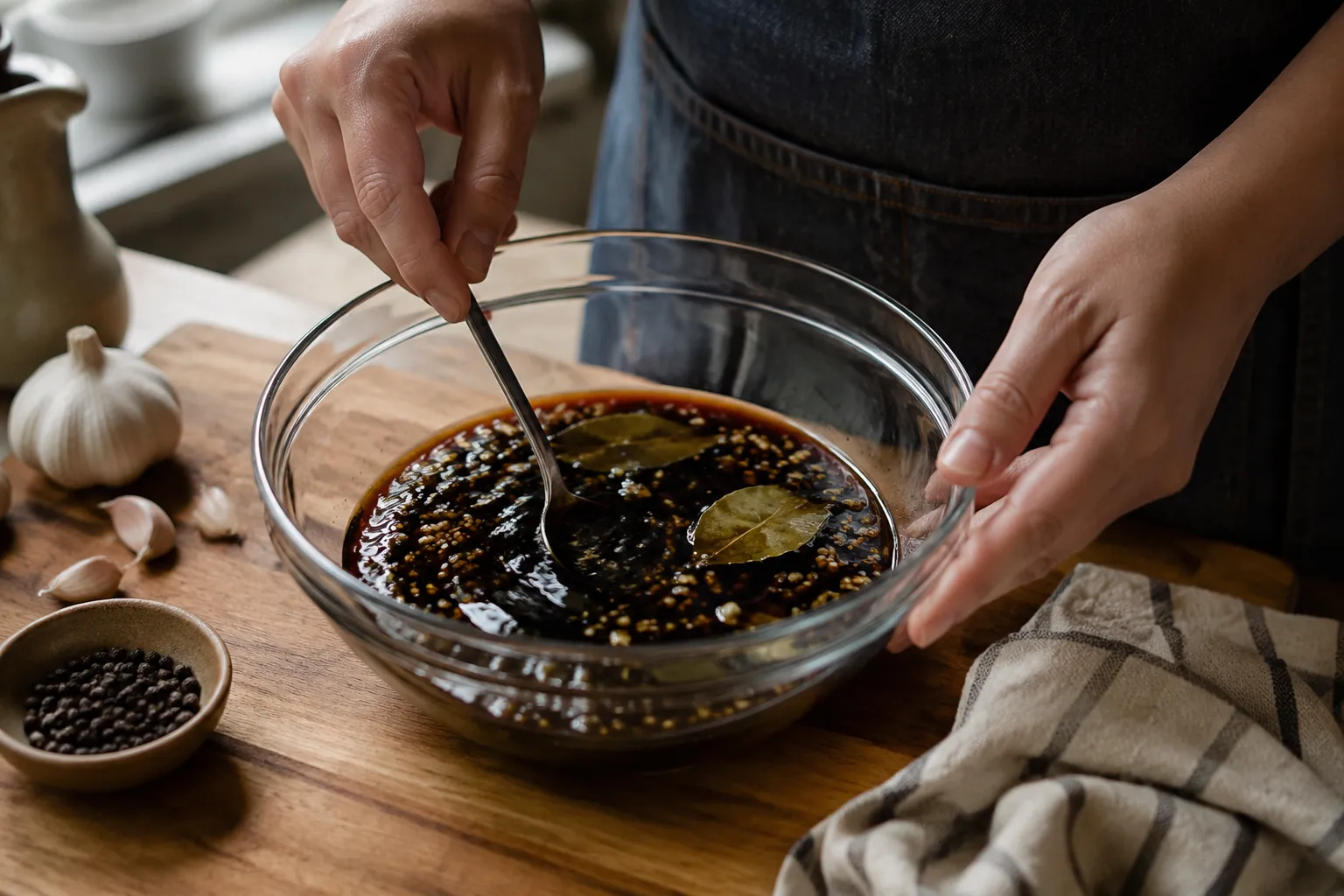 Adobo chicken marinade with soy sauce vinegar garlic bay leaves and peppercorns