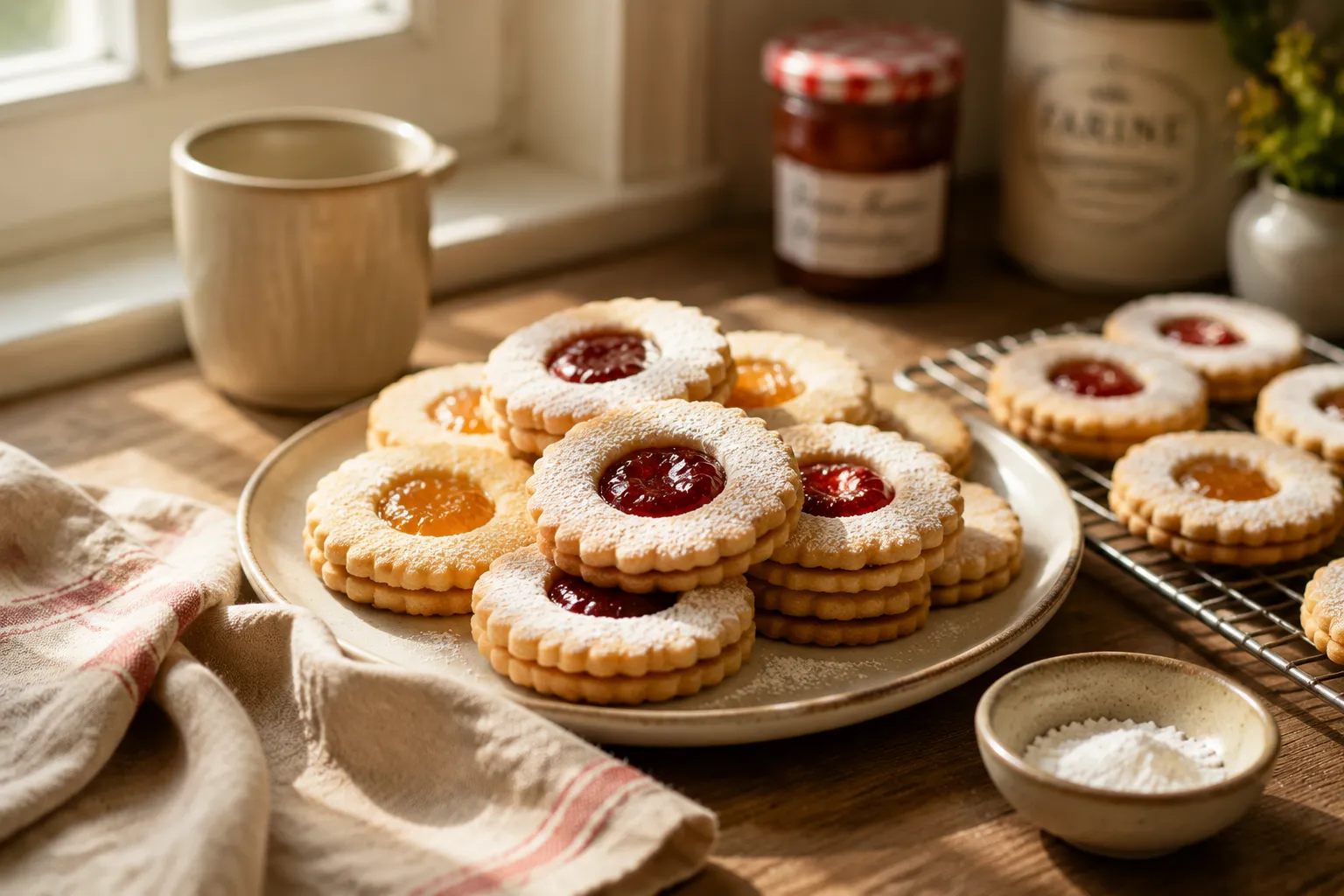 Buttery thumbprint cookies stacked on a dessert plate