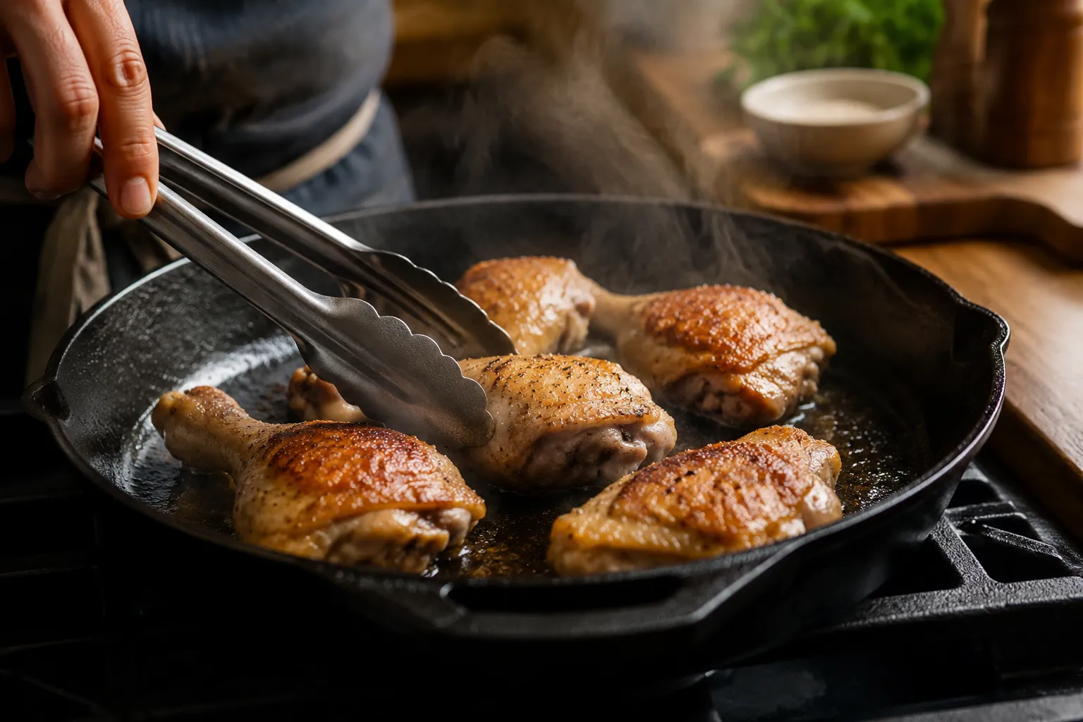 Browning chicken for Filipino chicken adobo before simmering