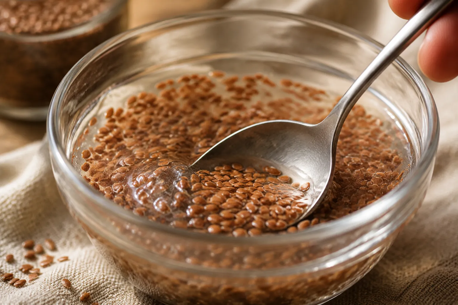 stirring a flaxseed egg substitute in a bowl