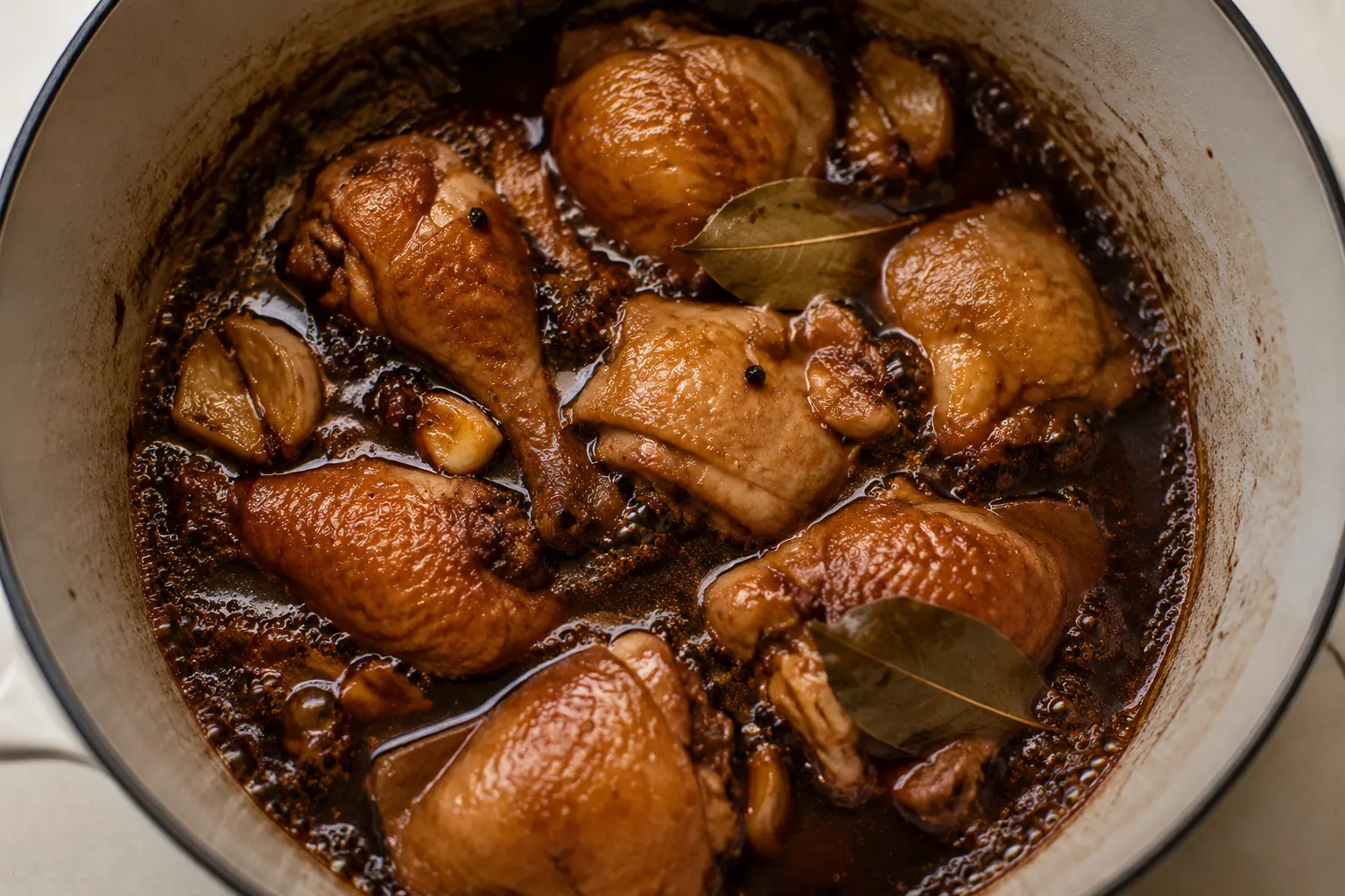Chicken adobo simmering in soy vinegar sauce with garlic and bay leaves
