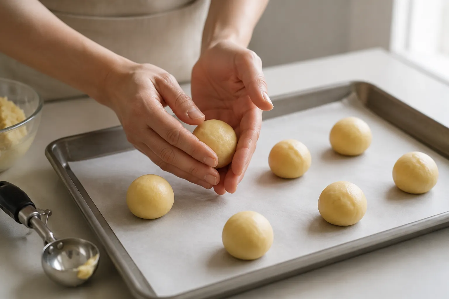 Rolling dough balls for thumbprint cookies on a baking sheet