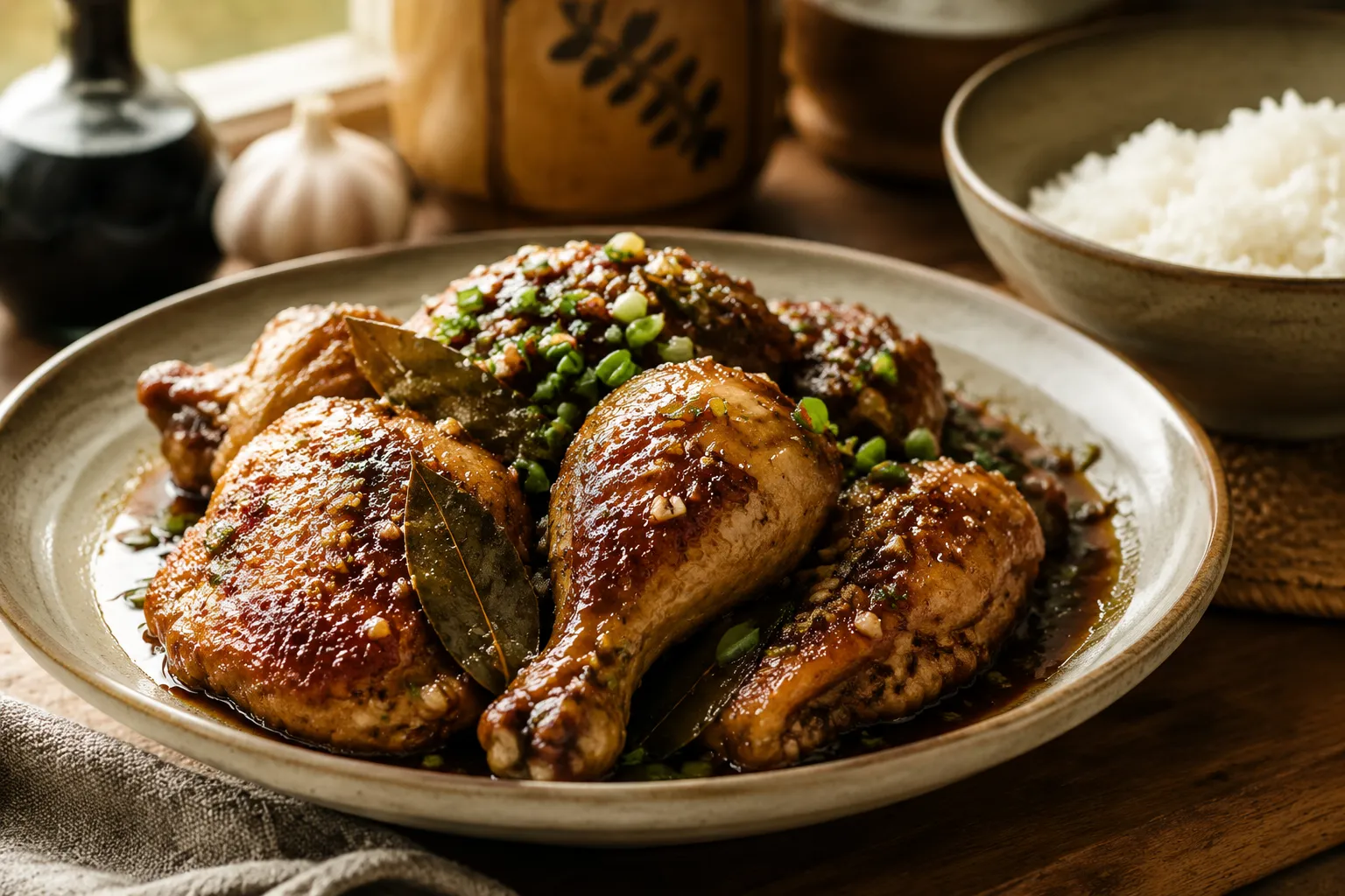 Finished chicken adobo recipe served family style with rice