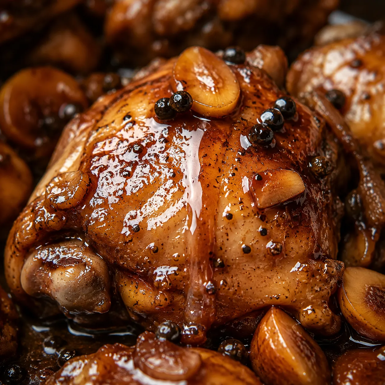 Close-up of glossy sauce on chicken adobo