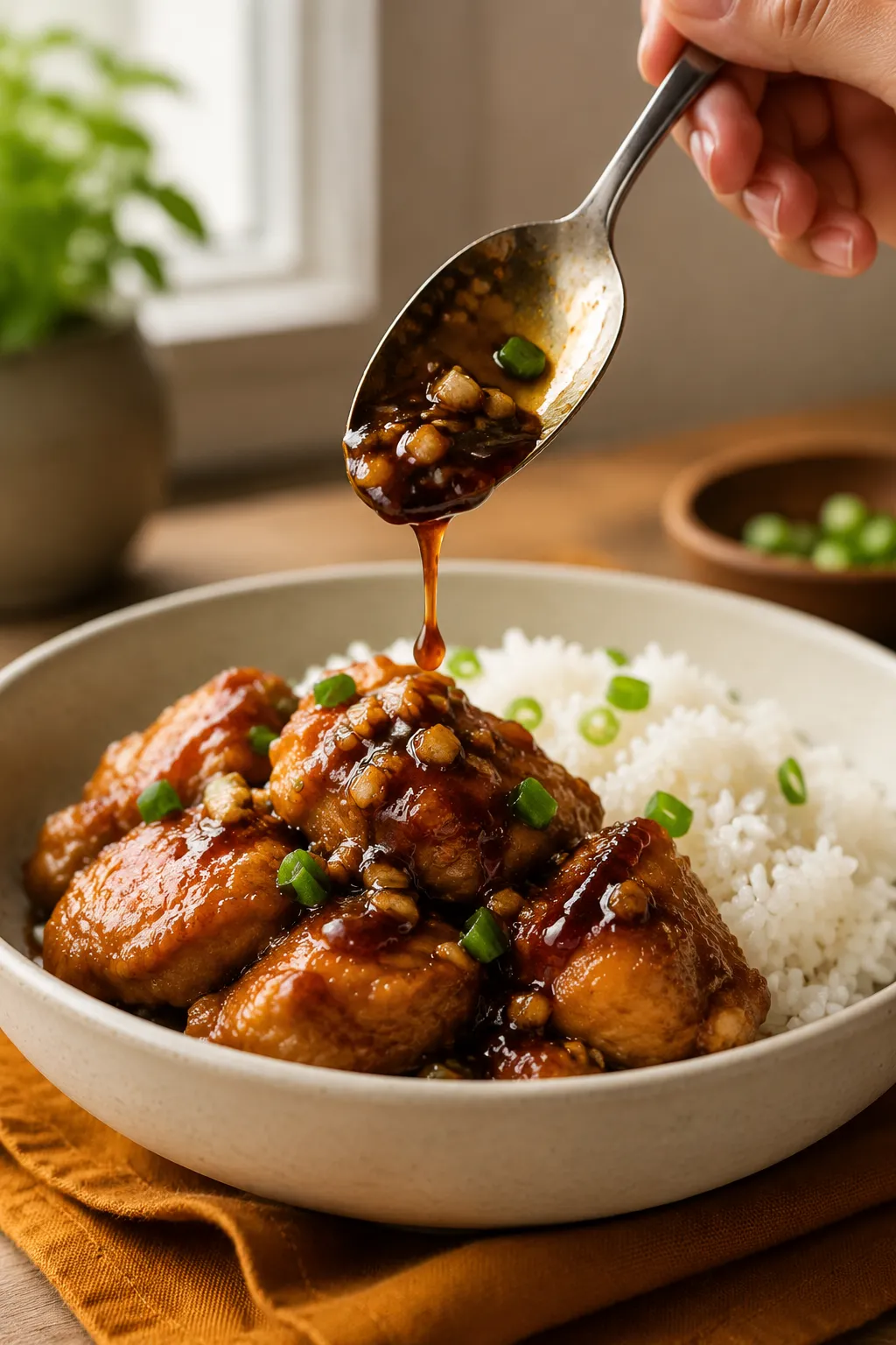 Serving chicken adobo over rice with extra sauce