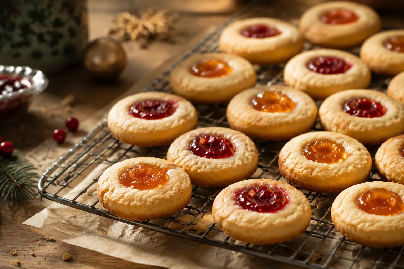 Finished thumbprint cookies cooling on a wire rack