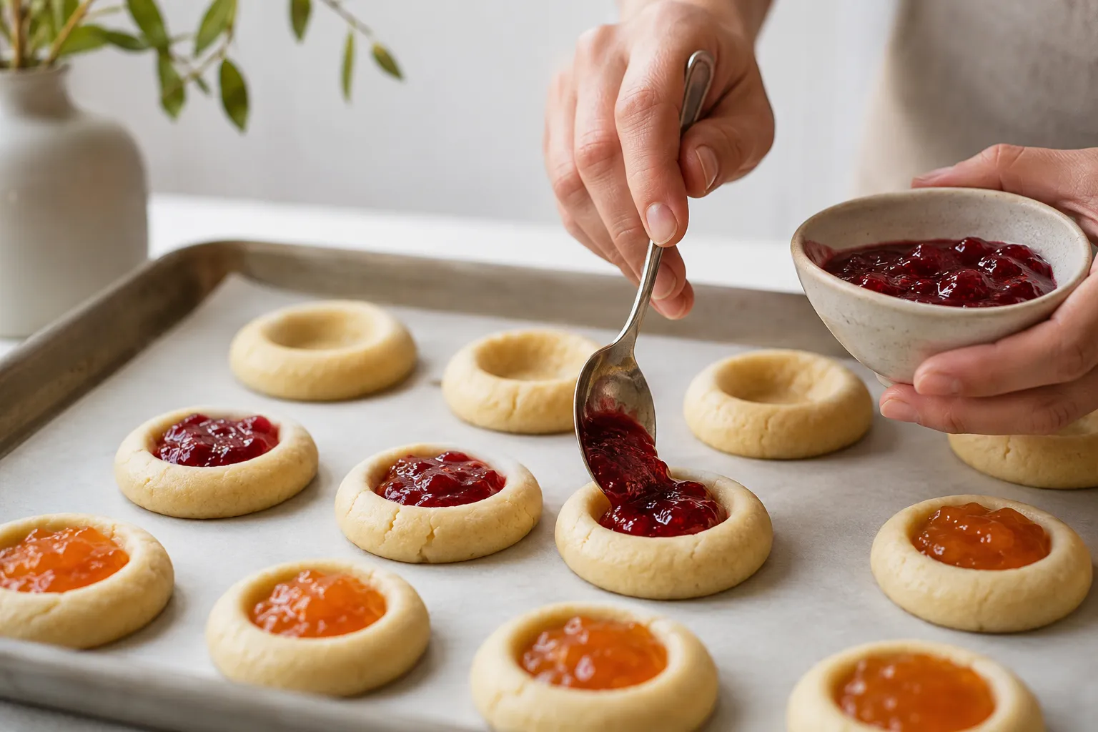 Filling thumbprint cookies with raspberry and apricot jam