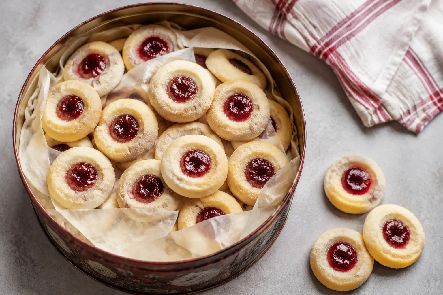 Storing thumbprint cookies in a tin with parchment paper