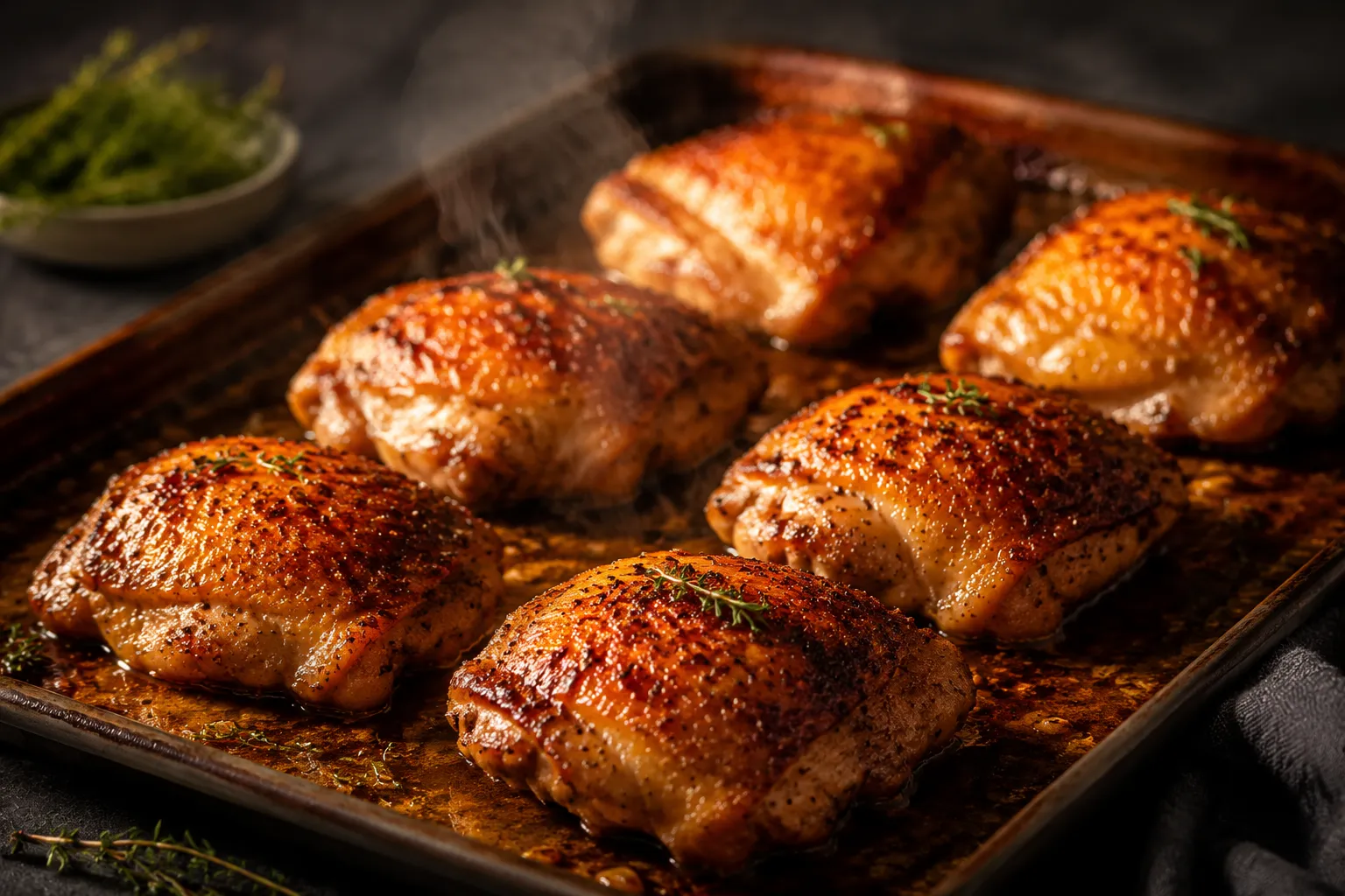 Perfectly baked chicken thighs with crispy golden skin on sheet pan