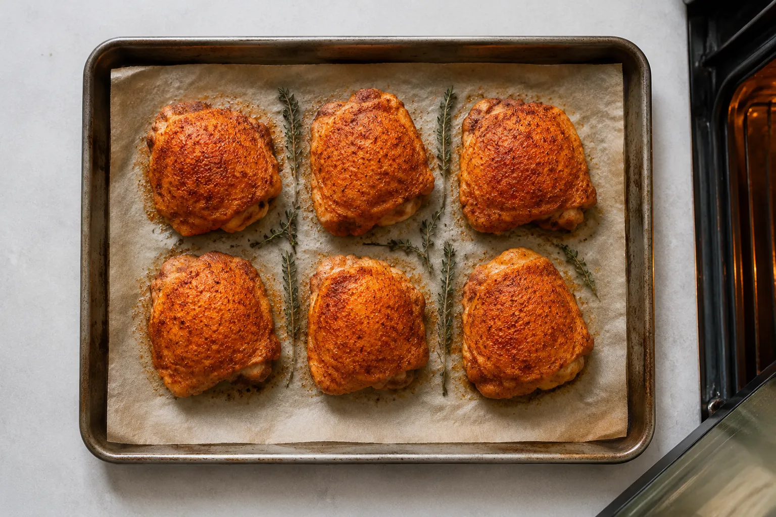 Seasoned chicken thighs on sheet pan ready to bake at 400°F