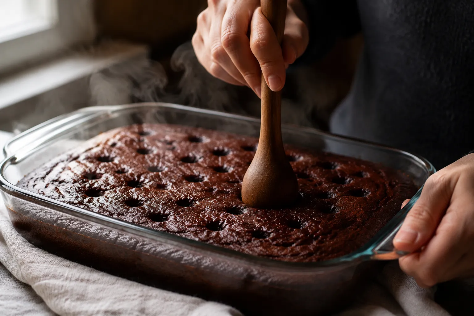 Poking holes in warm chocolate cake for better than sex cake