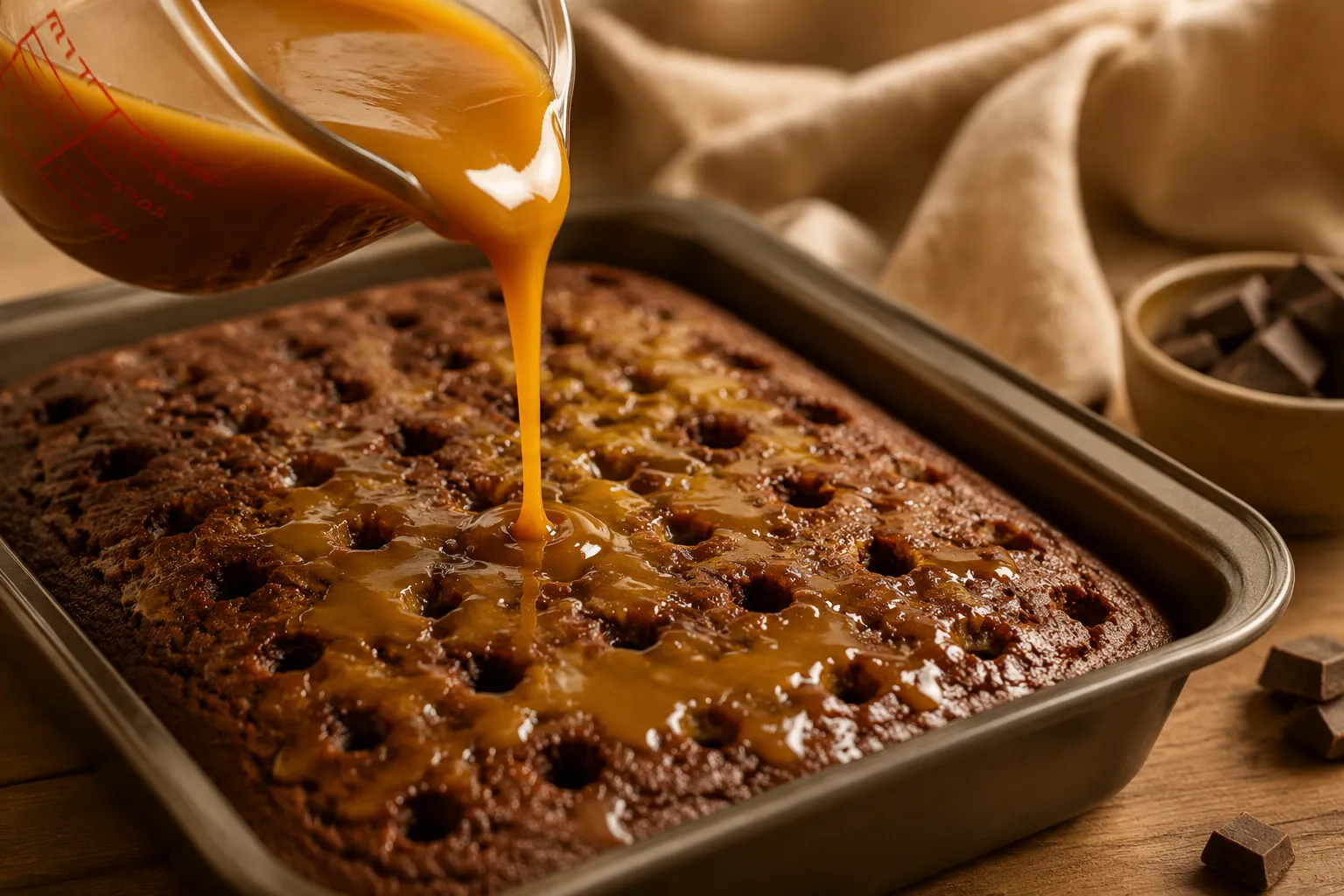 Pouring caramel sauce over poke cake for better than sex cake recipe