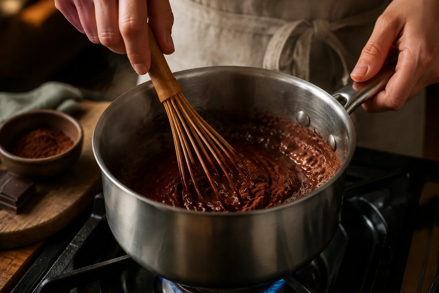 Boiling butter, cocoa powder and water for Texas sheet cake batter