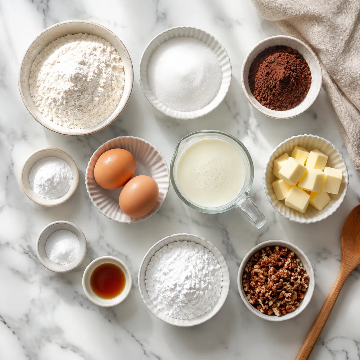 Texas sheet cake ingredients flatlay with cocoa, buttermilk, butter, and pecans