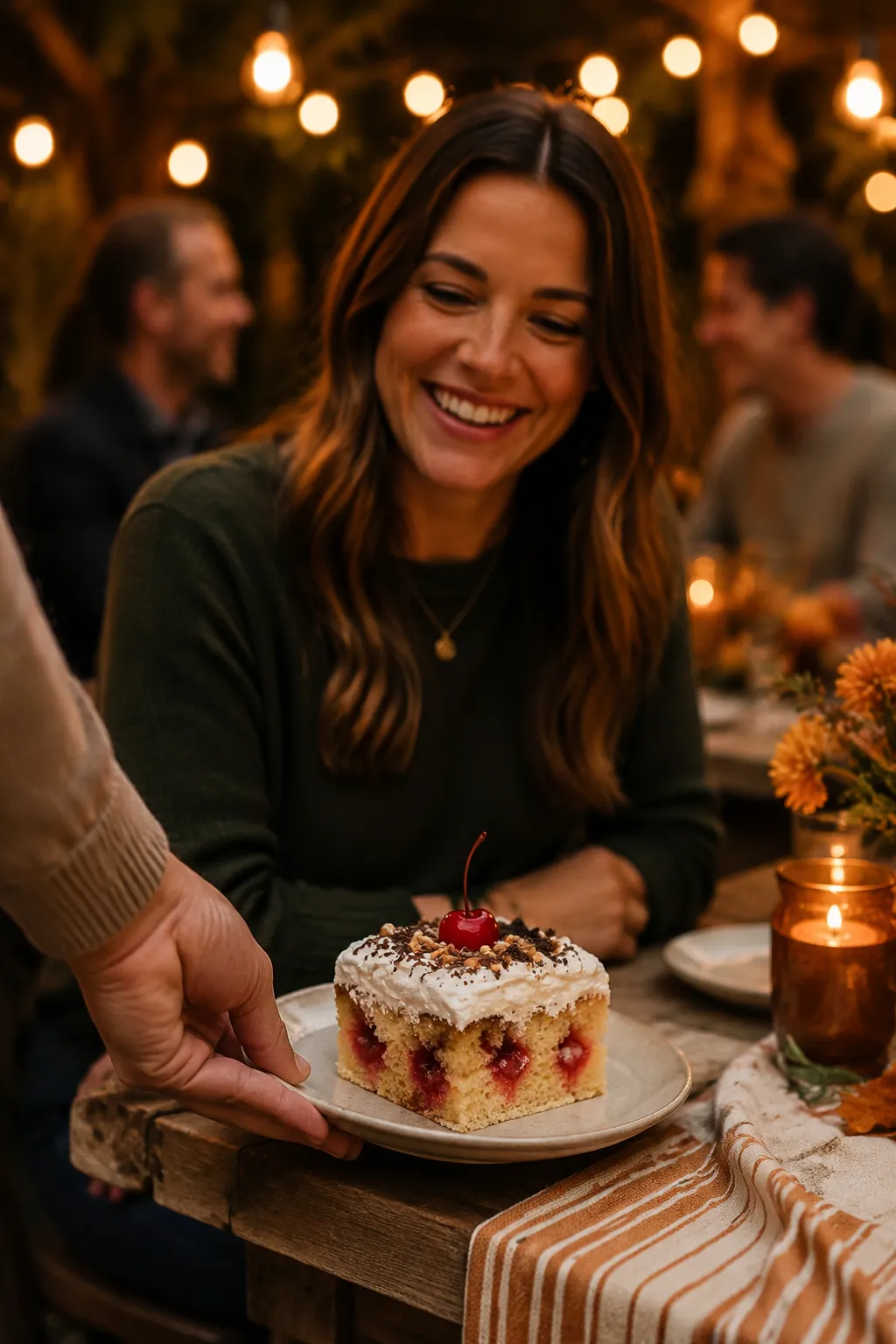 Serving a slice of better than sex cake at a dinner gathering