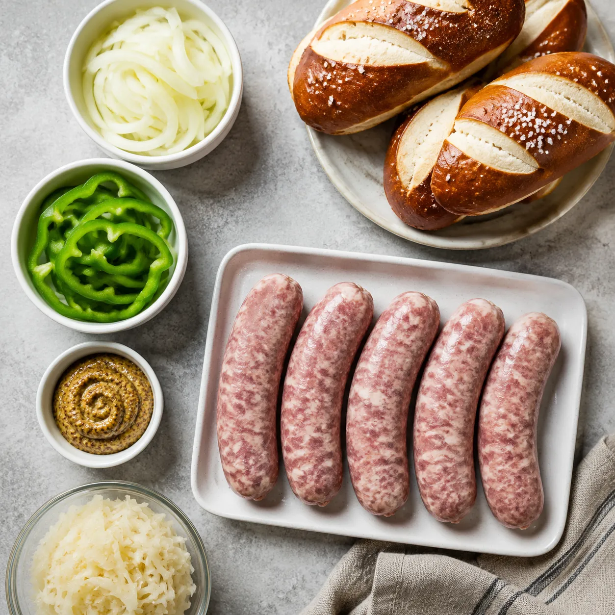 Ingredients for bratwurst in air fryer laid out on a stone surface