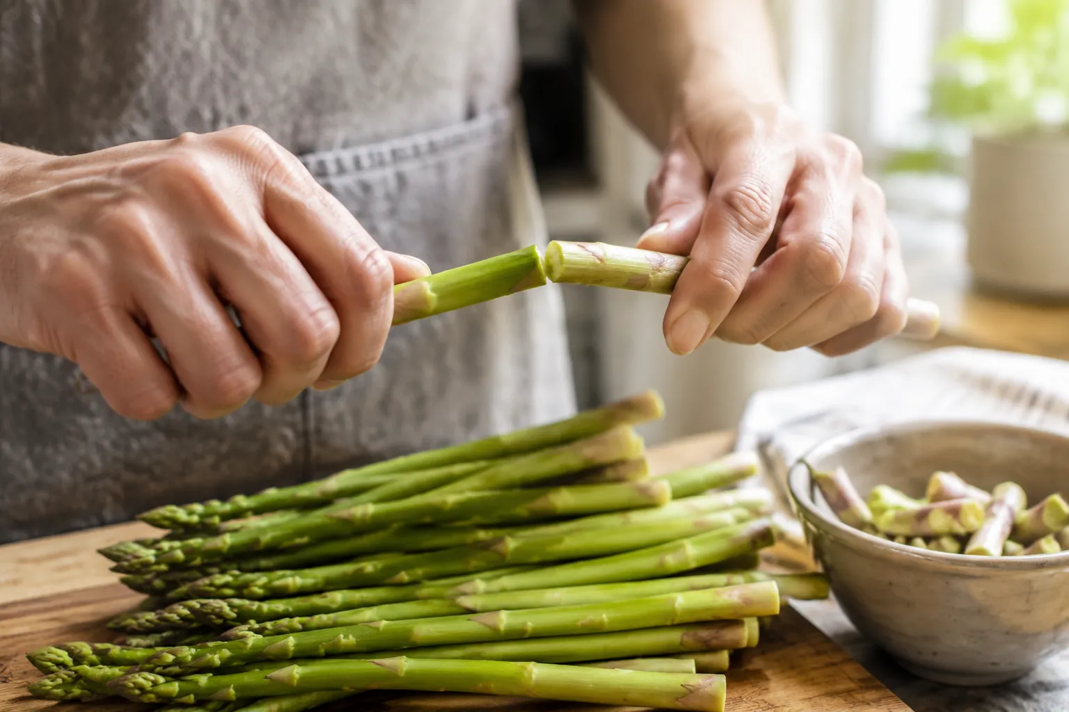 Hands trimming the woody ends off fresh asparagus spears