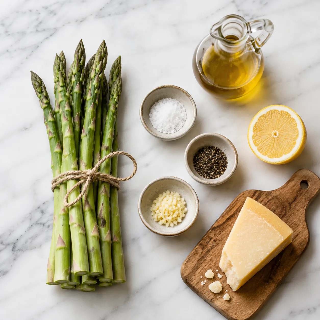 Ingredients for oven roasted asparagus including olive oil, garlic, lemon, and parmesan